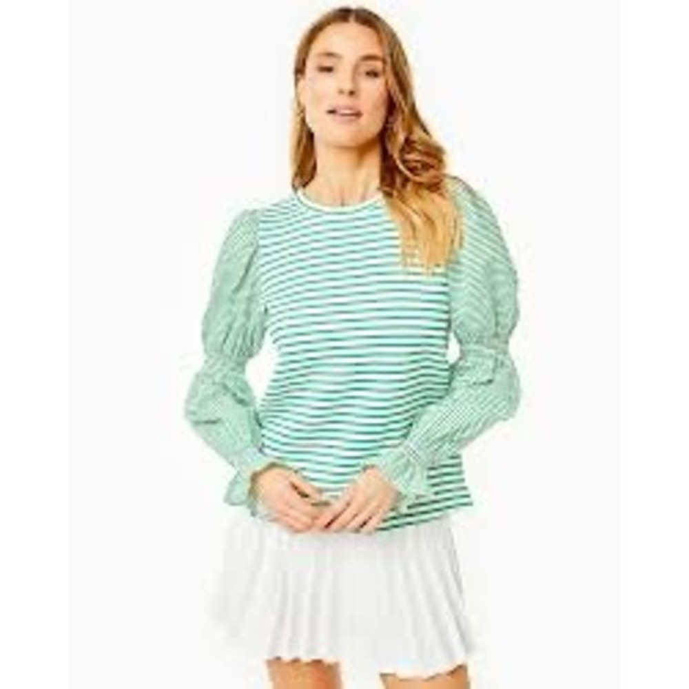 Addison Bay Green White Striped Puff Smocked Sleeve Top XL